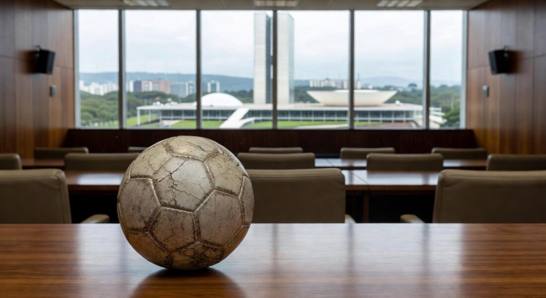 Bola de futsal desgastada em sala da Câmara Legislativa do DF, representando crise de investimentos no esporte.