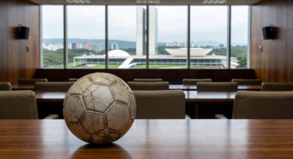 Bola de futsal desgastada em sala da Câmara Legislativa do DF, representando crise de investimentos no esporte.