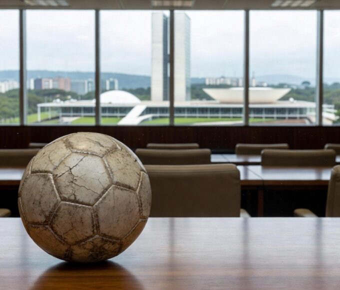 Bola de futsal desgastada em sala da Câmara Legislativa do DF, representando crise de investimentos no esporte.
