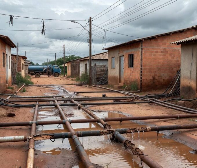 Rua em Sucupira com tubulações de água clandestinas e torneiras secas, ilustrando crise hídrica no Distrito Federal.