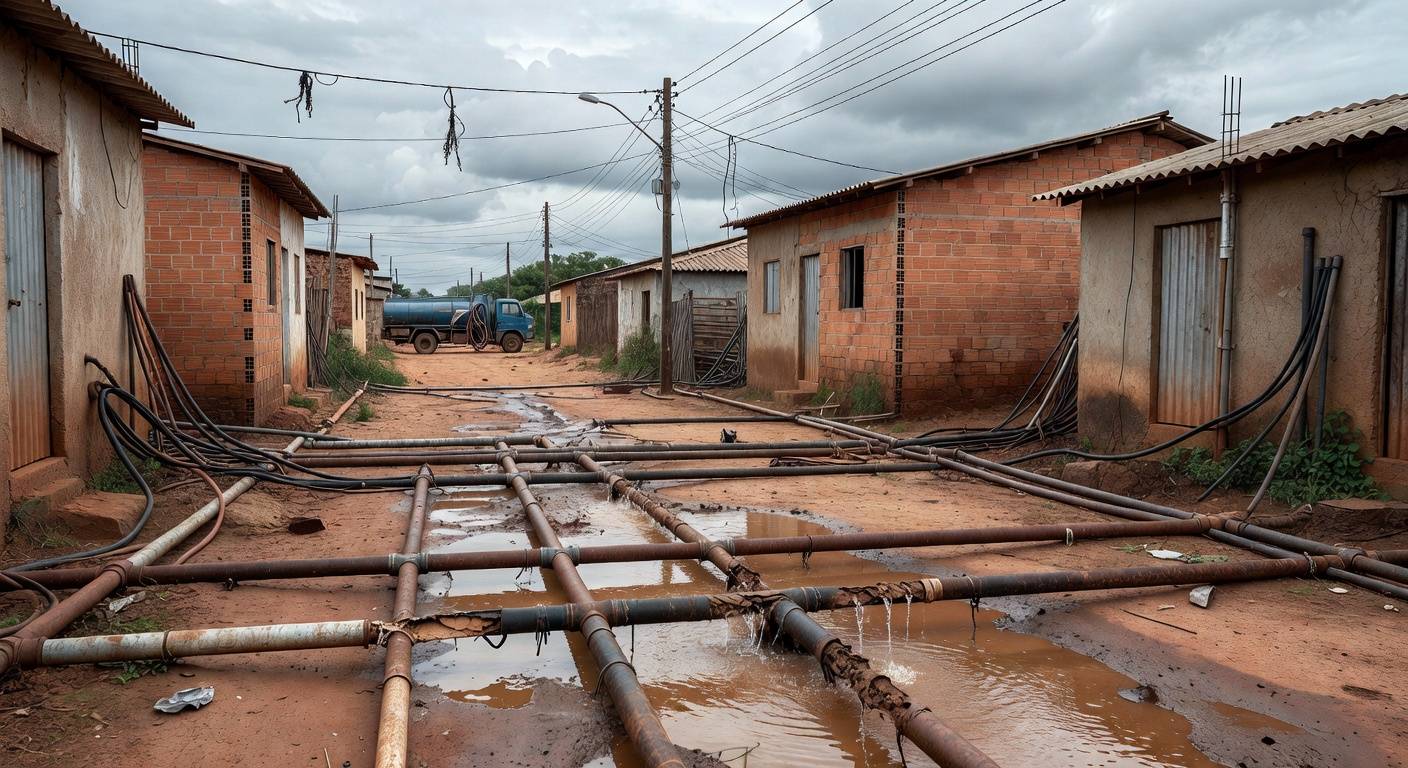 Rua em Sucupira com tubulações de água clandestinas e torneiras secas, ilustrando crise hídrica no Distrito Federal.