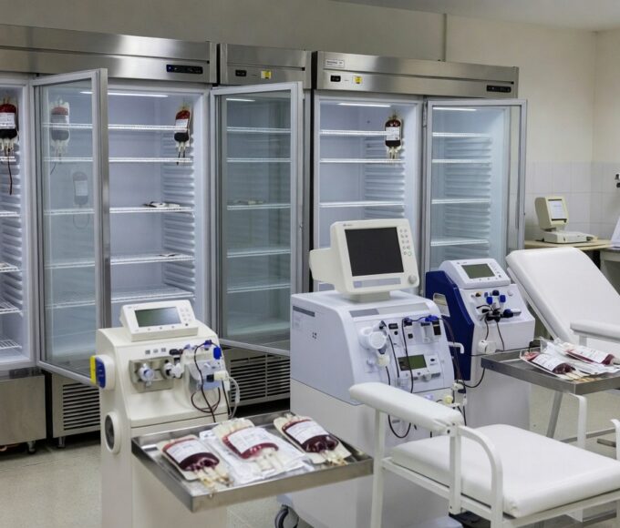 Sala de vacinação em hospital de Brasília com equipamentos para doadores de sangue e medula