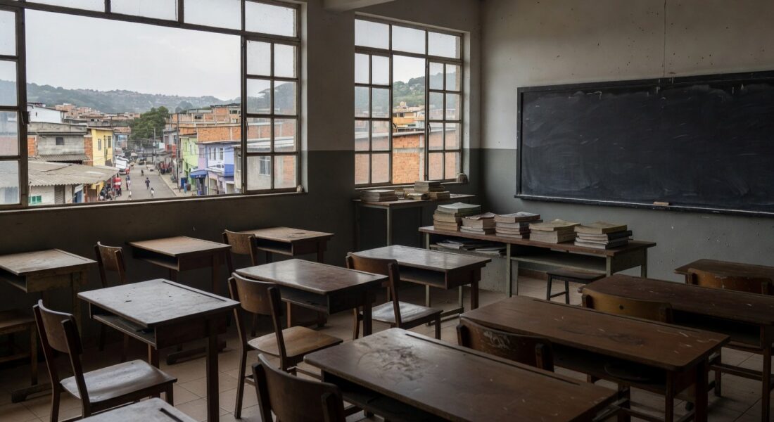 Sala de aula vazia em escola pública brasileira simbolizando fracasso na educação de jovens e adultos