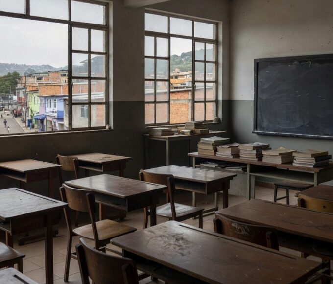 Sala de aula vazia em escola pública brasileira simbolizando fracasso na educação de jovens e adultos