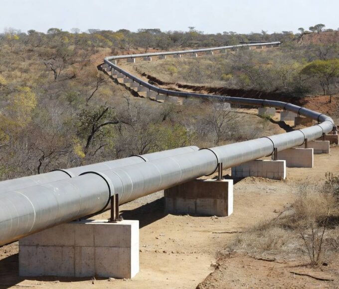 Adutora de água inaugurada em Planaltina, DF, com tubulações em área de cerrado