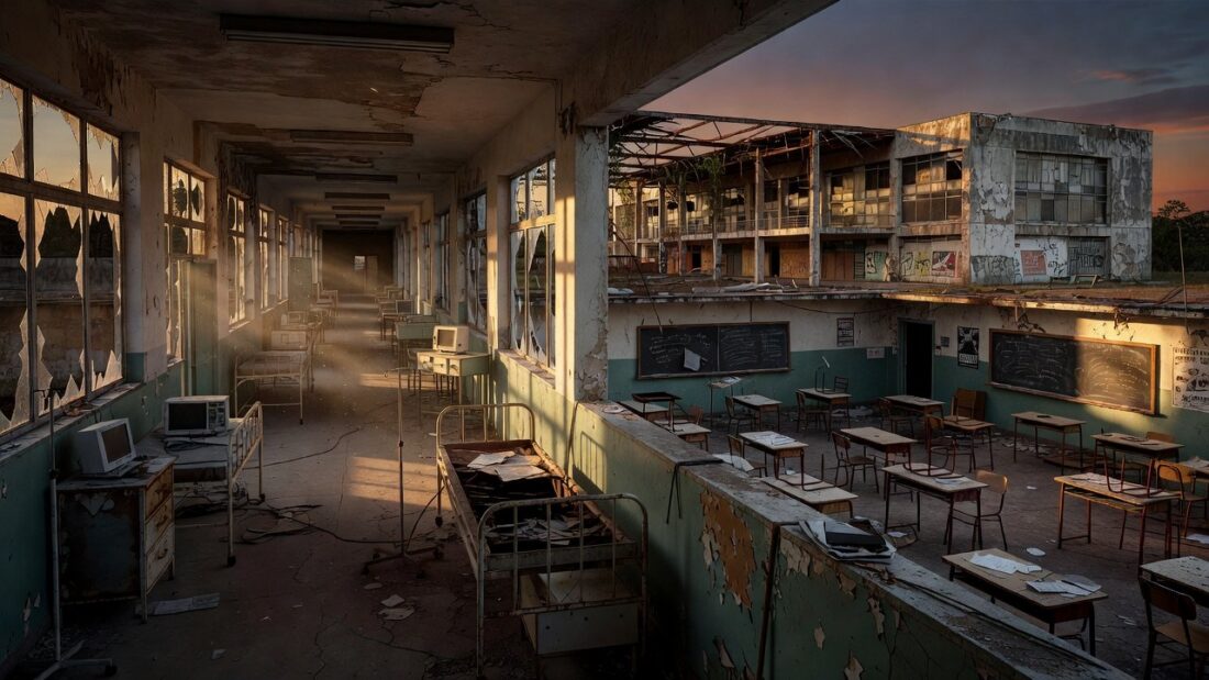 Hospital e escola públicos negligenciados em Brasília, simbolizando cortes na LDO 2027 em educação, saúde e cultura