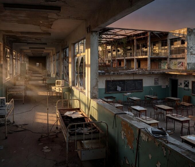 Hospital e escola públicos negligenciados em Brasília, simbolizando cortes na LDO 2027 em educação, saúde e cultura
