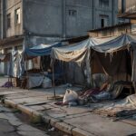 Rua urbana em São Paulo com indícios de situação de rua e hospital ao fundo