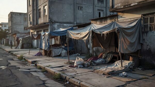 Rua urbana em São Paulo com indícios de situação de rua e hospital ao fundo