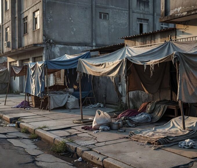 Rua urbana em São Paulo com indícios de situação de rua e hospital ao fundo