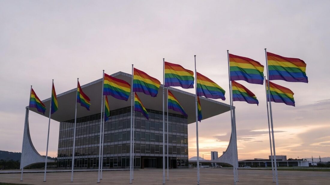 Fachada da Câmara Legislativa do DF com bandeira do Orgulho LGBTI+