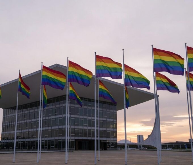 Fachada da Câmara Legislativa do DF com bandeira do Orgulho LGBTI+
