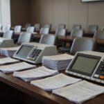 Plenário vazio da Câmara do DF com documentos eleitorais, representando fragilidades do sistema eleitoral brasileiro