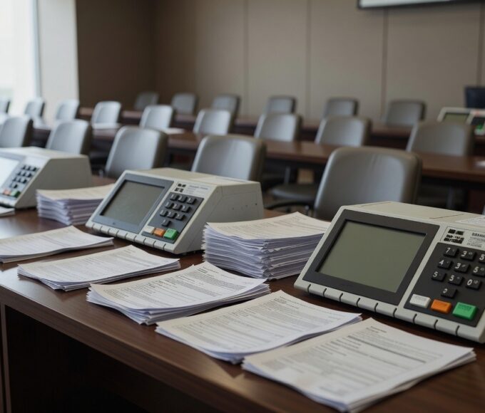 Plenário vazio da Câmara do DF com documentos eleitorais, representando fragilidades do sistema eleitoral brasileiro