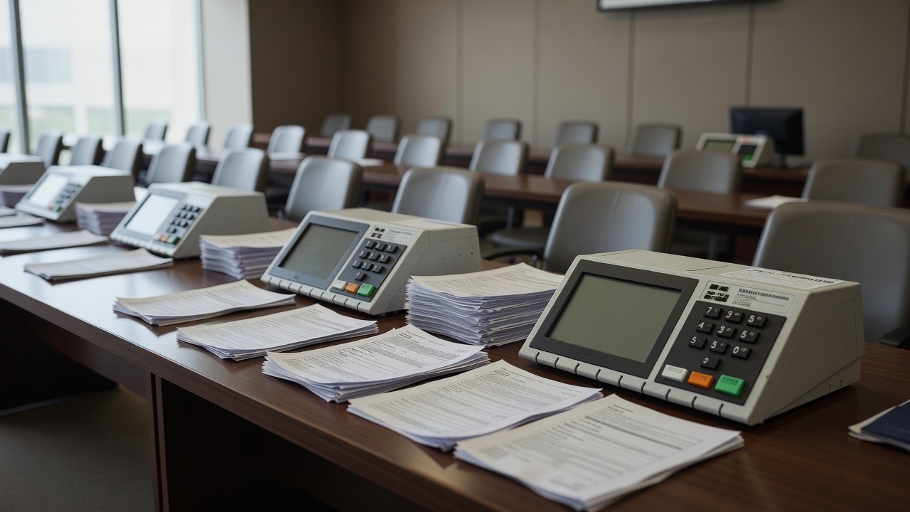 Plenário vazio da Câmara do DF com documentos eleitorais, representando fragilidades do sistema eleitoral brasileiro