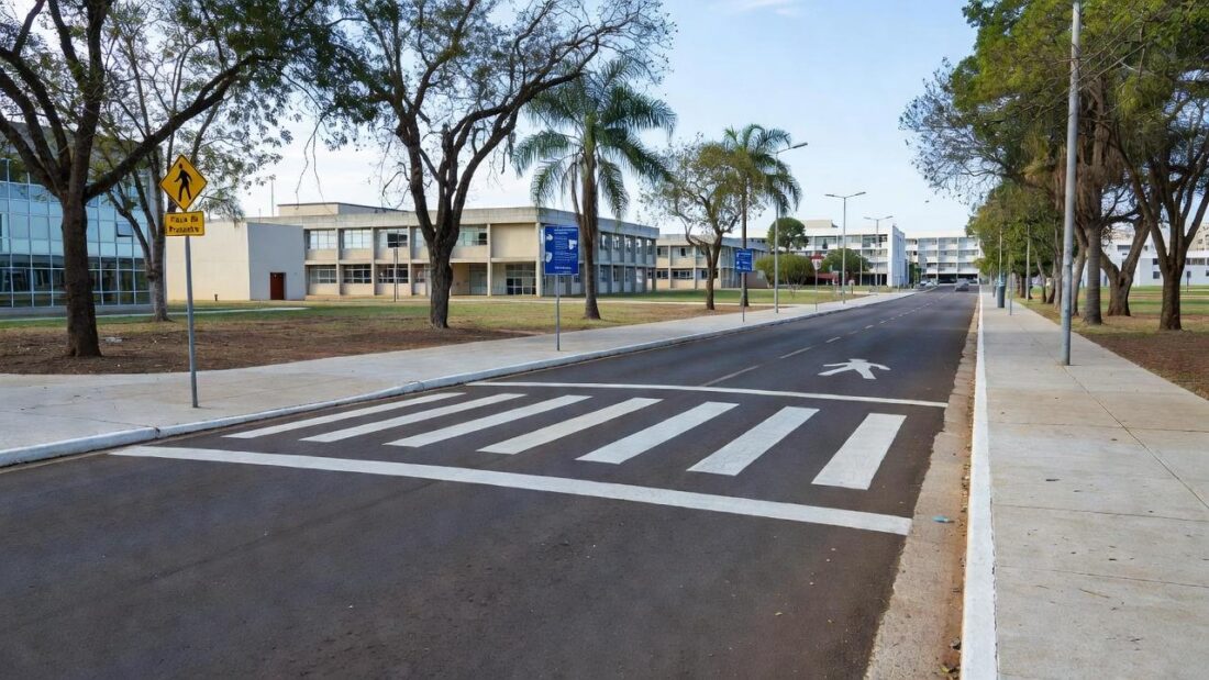 Faixa elevada em frente a escola e hospital no Distrito Federal