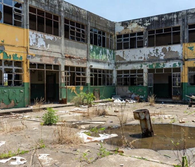Escola pública deteriorada no DF com paredes descascadas e janelas quebradas
