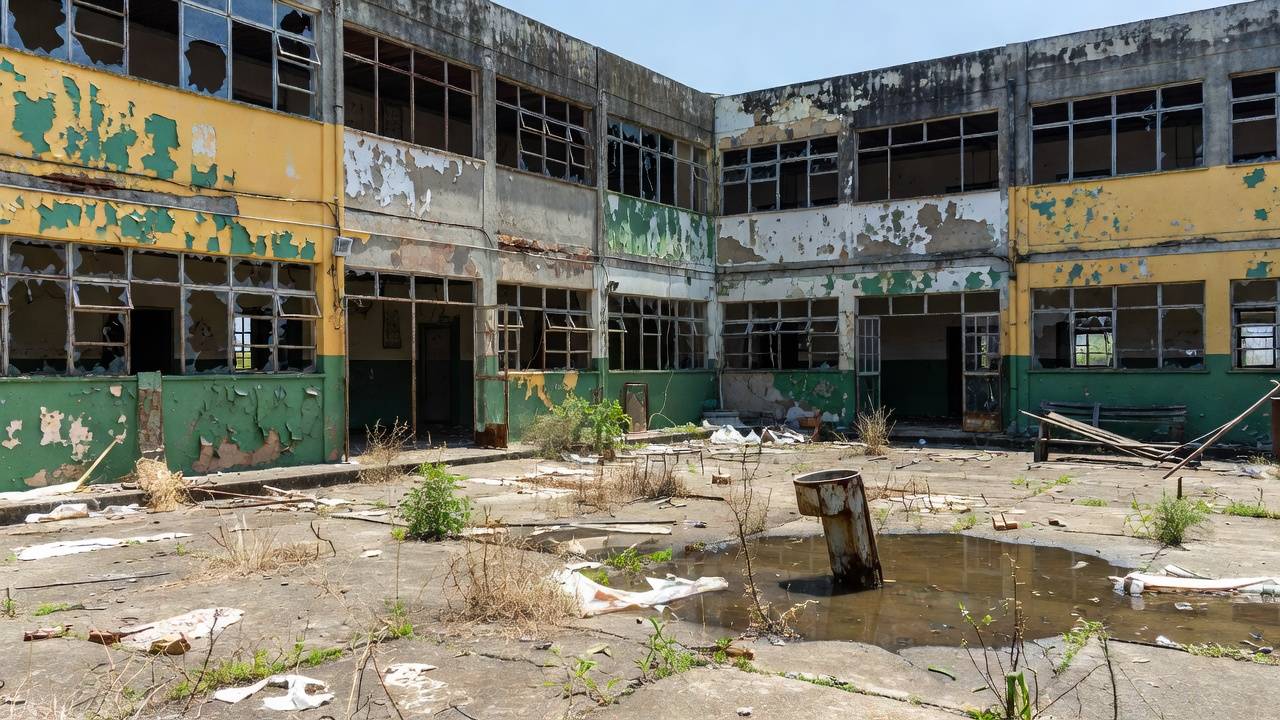 Escola pública deteriorada no DF com paredes descascadas e janelas quebradas