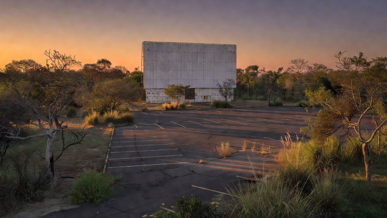Drive-in abandonado em Brasília ao entardecer, memória de Marta Fagundes