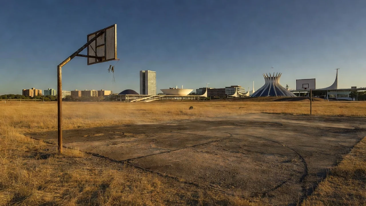 Quadra de esportes abandonada em Brasília simbolizando crises no esporte do DF