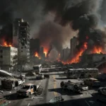 Cena urbana brasileira em desordem simbolizando caos social e falhas da sociedade entre 2019 e 2024