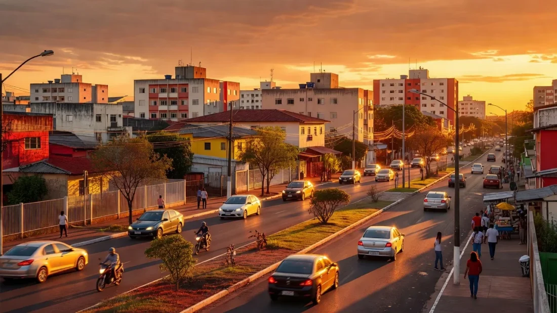 Ambiente urbano em Ceilândia com cores quentes representando reunião política