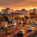 Ambiente urbano em Ceilândia com cores quentes representando reunião política