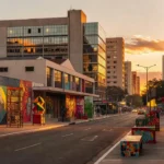 Rua do Setor Comercial Sul em Brasília com elementos culturais e arquitetura modernista