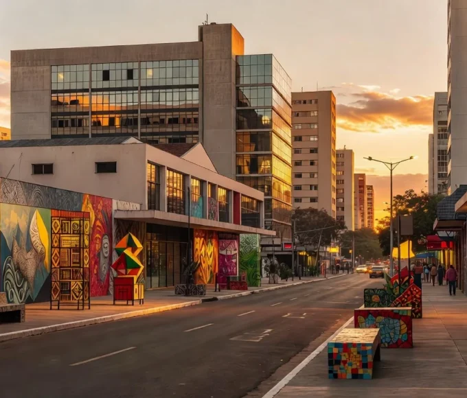 Rua do Setor Comercial Sul em Brasília com elementos culturais e arquitetura modernista