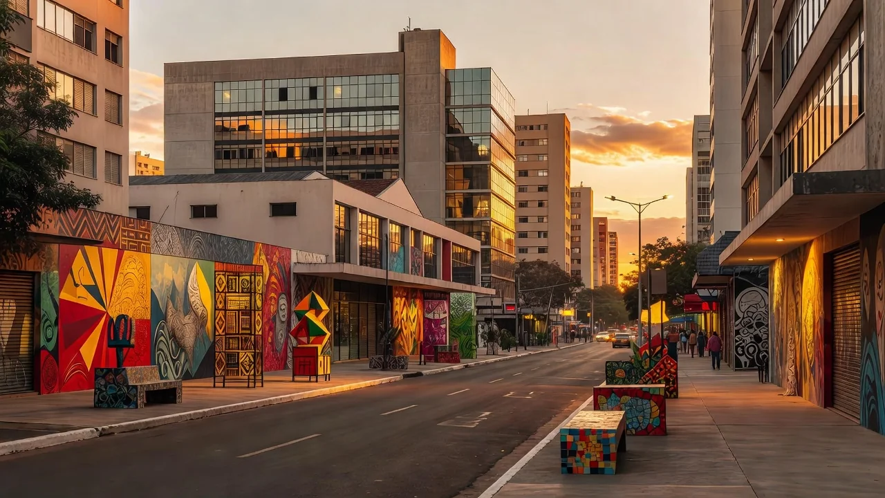 Rua do Setor Comercial Sul em Brasília com elementos culturais e arquitetura modernista