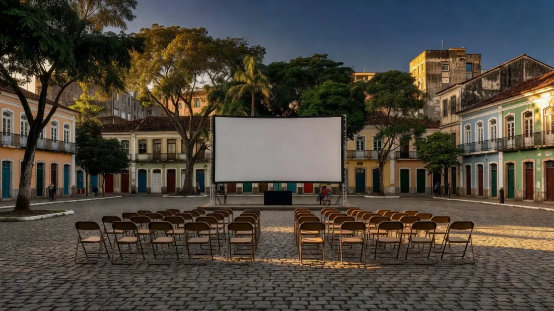 Praça da Bíblia com tela de cinema ao ar livre para oficinas e projeções do Cine Viva 60+