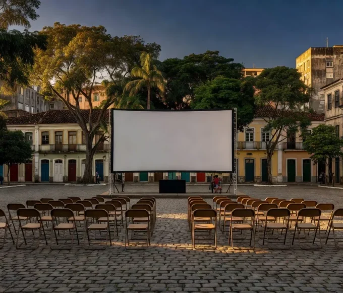 Praça da Bíblia com tela de cinema ao ar livre para oficinas e projeções do Cine Viva 60+
