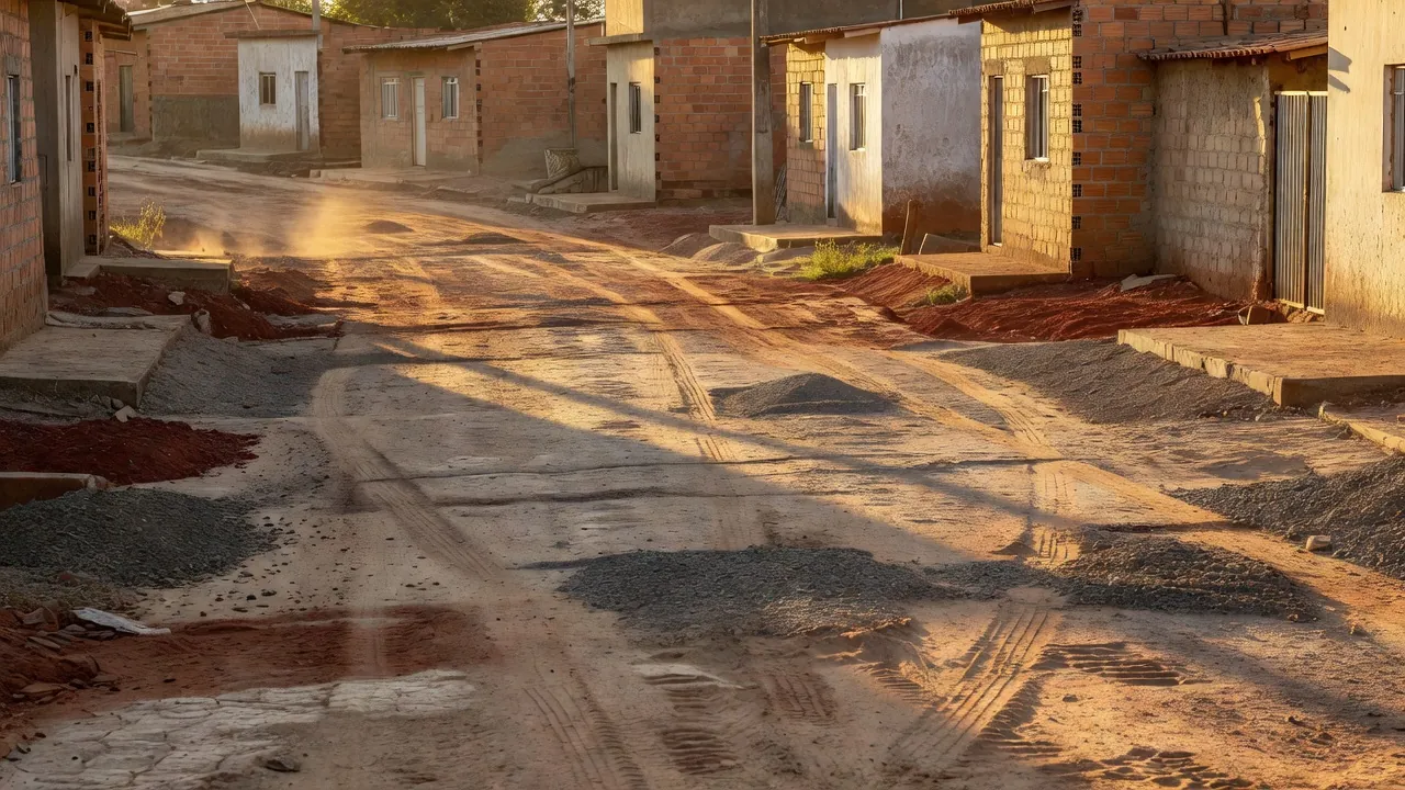 Rua em Sol Nascente com obras de regularização e asfalto em Brasília