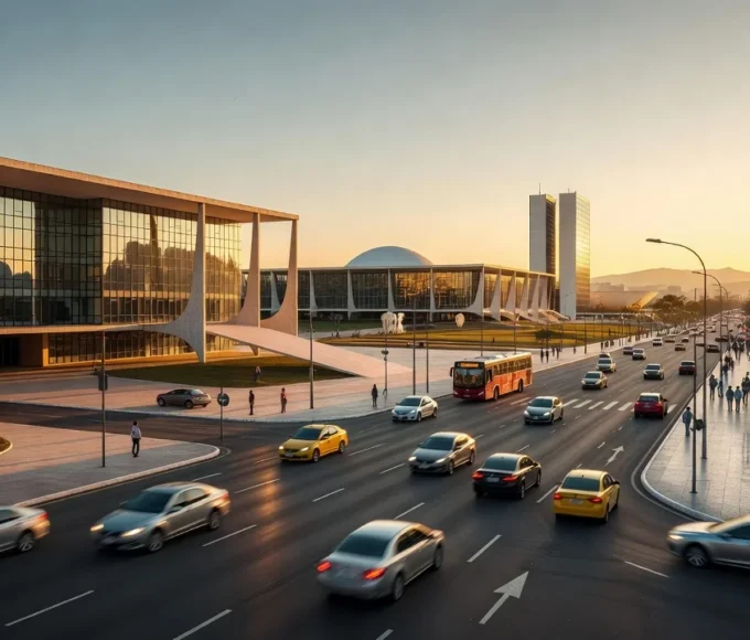 Ambiente urbano de Brasília com cores quentes representando cenário político do PSD-DF