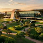 Arquitetura do TJDFT em Brasília com áreas verdes representando inventário de emissões de carbono
