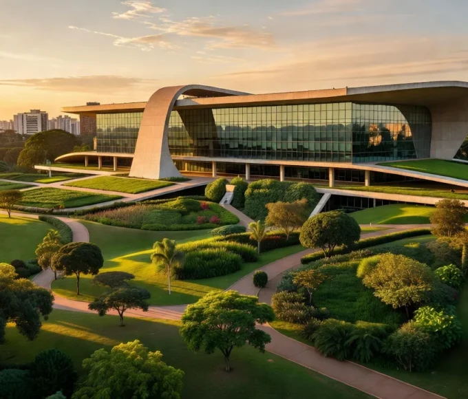 Arquitetura do TJDFT em Brasília com áreas verdes representando inventário de emissões de carbono
