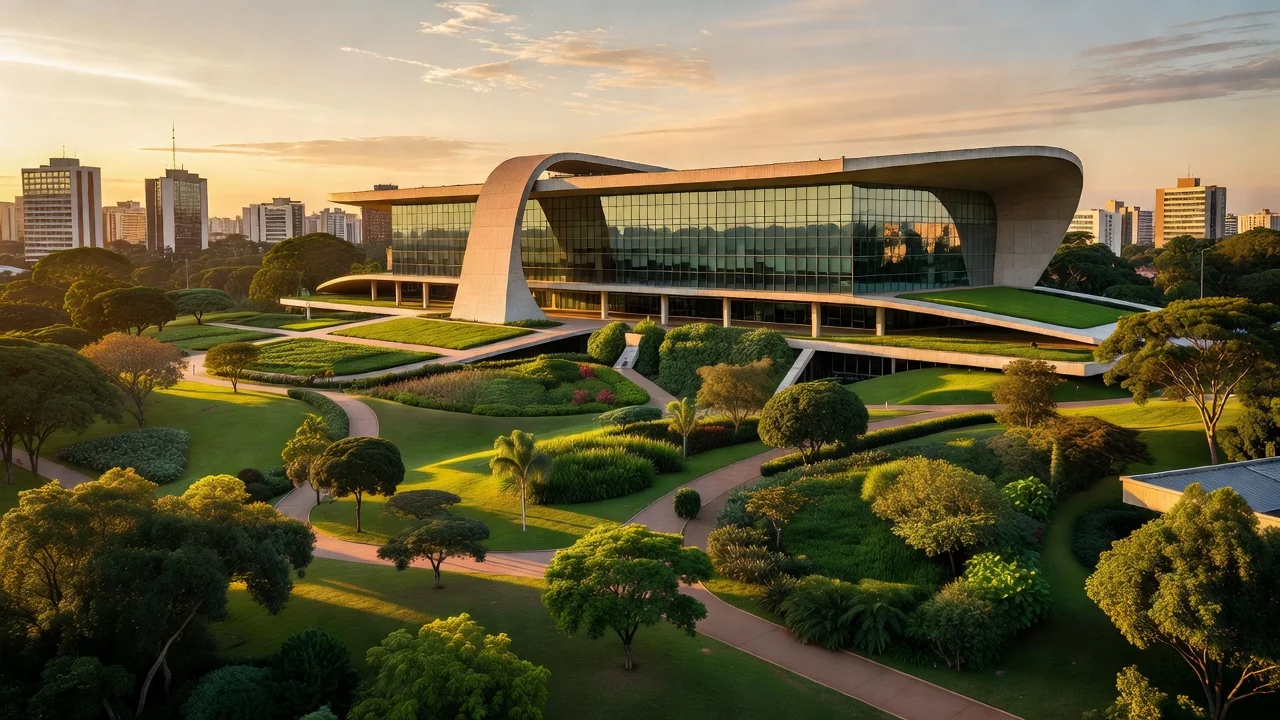 Arquitetura do TJDFT em Brasília com áreas verdes representando inventário de emissões de carbono
