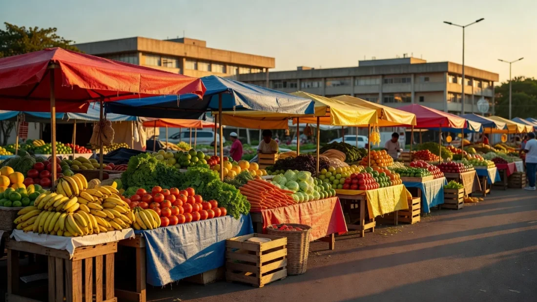Feira da Ceilândia com barracas de produtos frescos em Brasília
