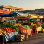 Feira da Ceilândia com barracas de produtos frescos em Brasília